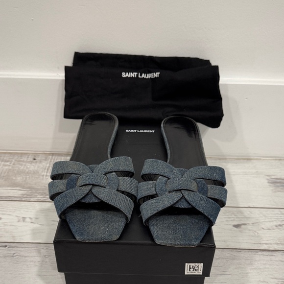 Saint Laurent Blue Denim Slide Sandals - Picture 1 of 2